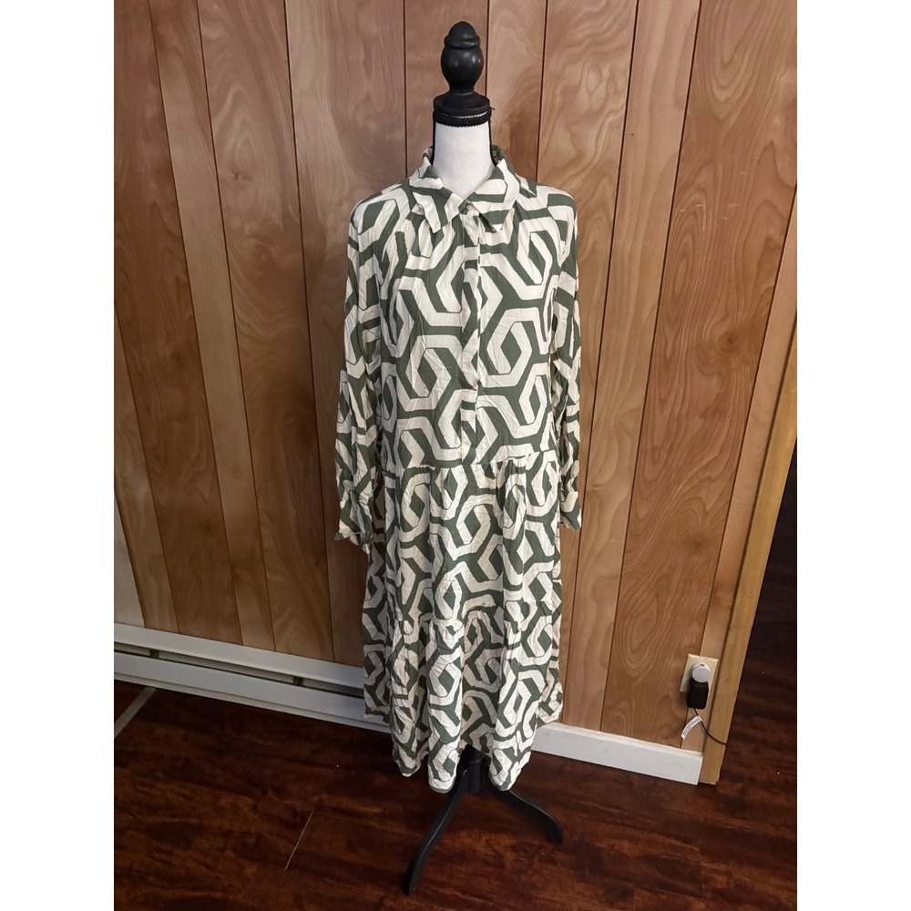 H&M Green Geometric Link Print Viscose Tiered Midi Shirt Dress Womens Medium